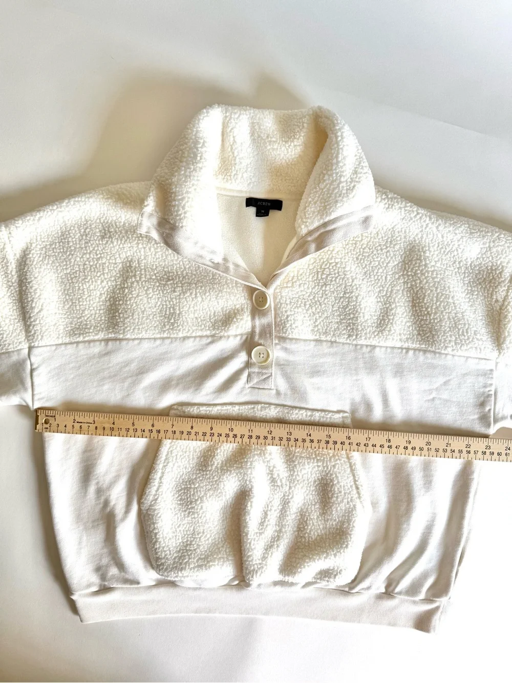 J Crew Teddy Sherpa Button Sweatshirt M Cozy Après Ski Minimalist Cream Ivory